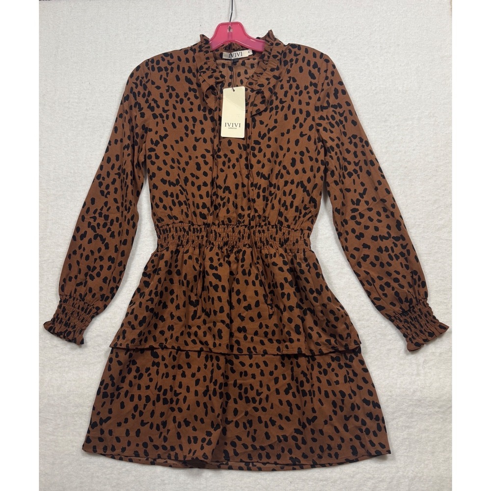 IVIVI Collection Brown Animal Print Ruffle Neck Smocked Mini Dress S NWT Wedding